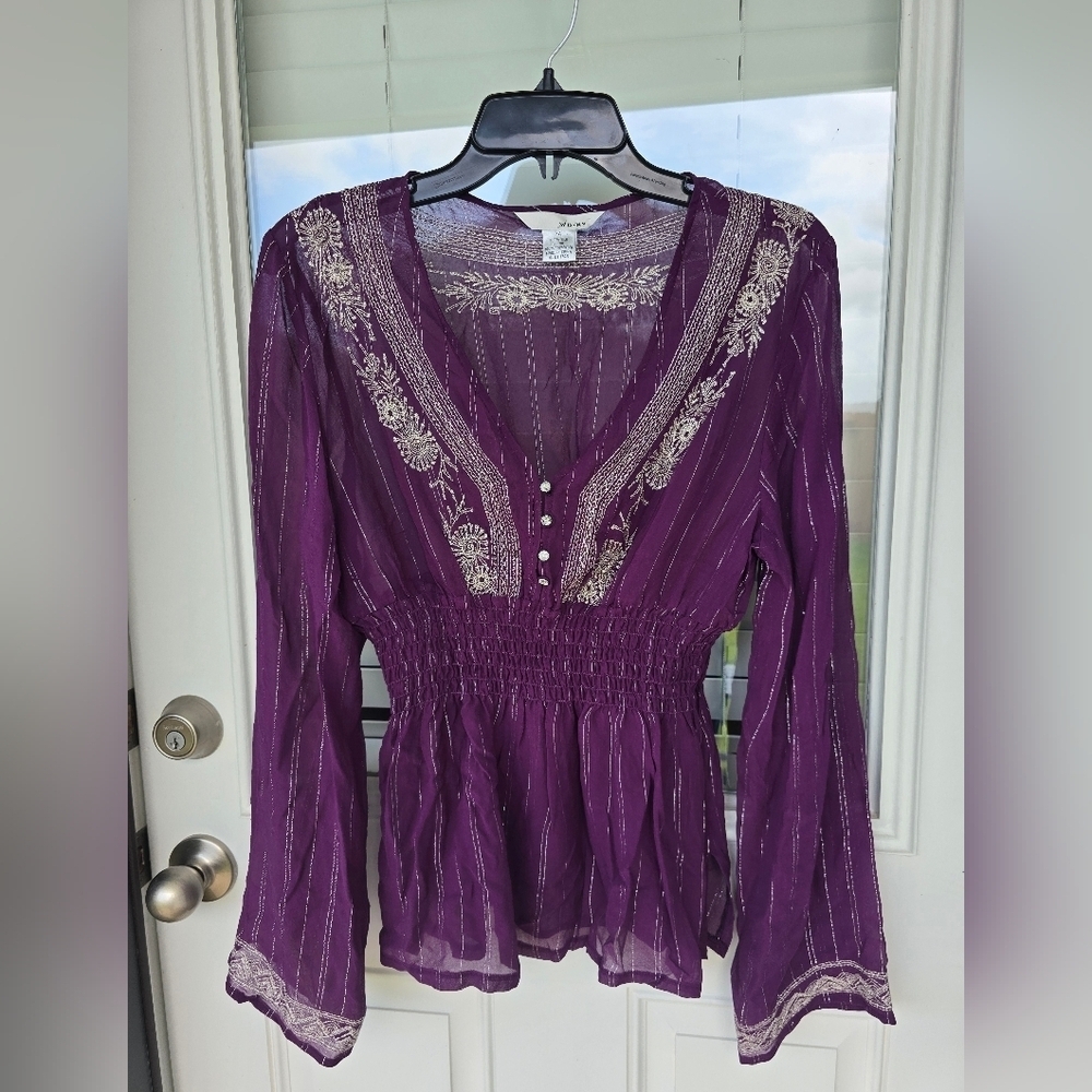 WD.NY 100% Silk Blouse Size 14 Purple Whilte Embroidered Flare Long Sleeves Y2k - Picture 3 of 14
